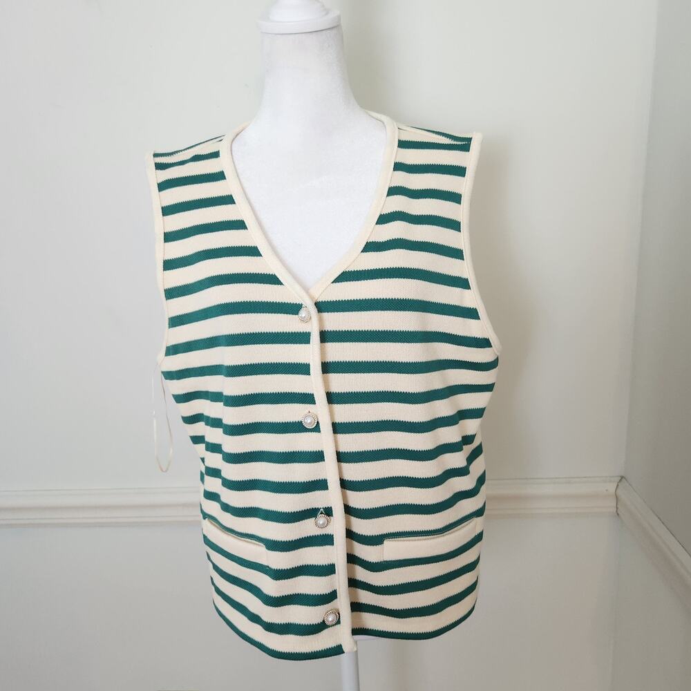 New Bailey 44 Vest Top XL Womens Green Cream Stripe Button Detail Preppy Vneck